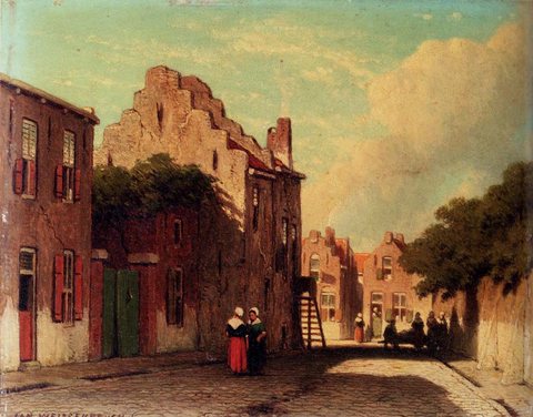 Jan A Sunlit Townview With Figures Conversing