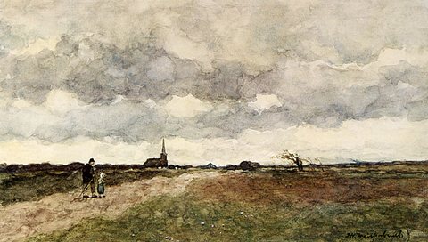 Jan Hendrik Figures On A Country Road A Church In The Distance