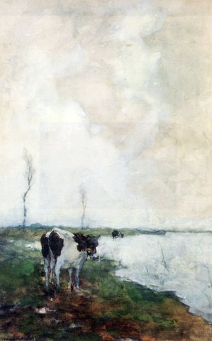 Johannes Hendrik A Cow Standing By The Waterside In A Polder