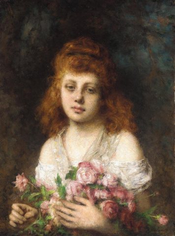 Alexej Auburn haired Beauty with Bouquet of Roses