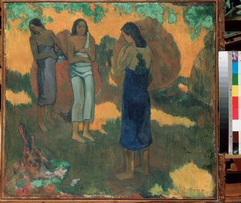 Three Tahitian Women Against a Yellow Background