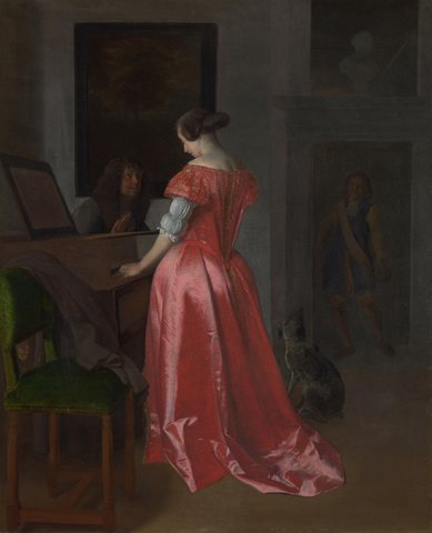 A Woman standing at a Harpsichord, a Man seated by her