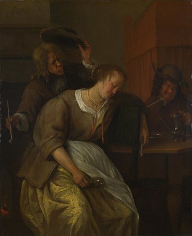 A Man Blowing Smoke at Drunken Woman