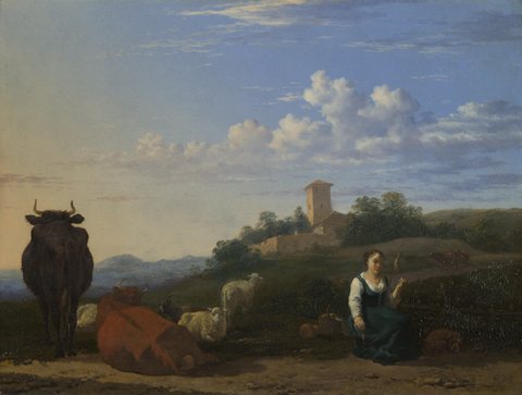 A Woman with Cattle and Sheep in an Italian Landscape