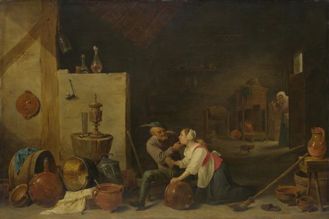 David Teniers (II) - An Old Peasant caresses a Kitchen Maid in a Stable.jpg