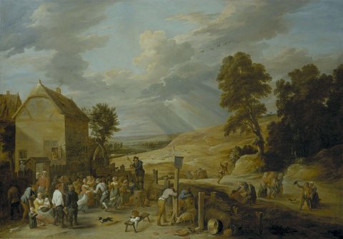 David Teniers (II) - Peasants dancing outside an inn.jpg