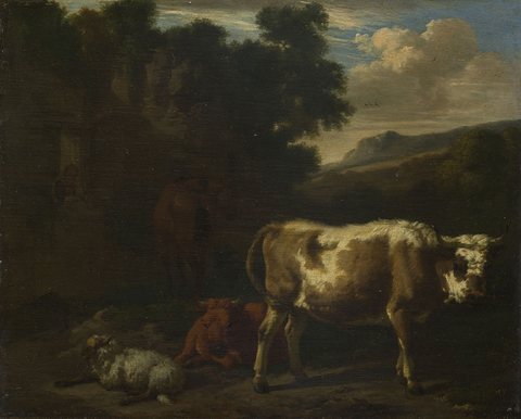 Dirck van den Bergen - Two Calves, a Sheep and a Dun Horse by a Ruin.jpg