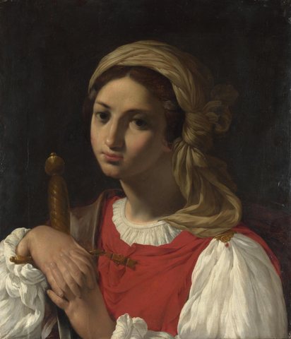 A Female Figure resting on a Sword