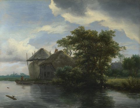 A Cottage and a Hayrick by a River