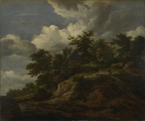 A Rocky Hill with Three Cottages, a Stream at its Foot