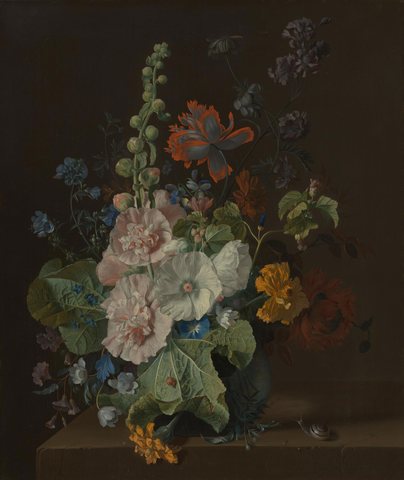 Hollyhocks and Other Flowers in a Vase