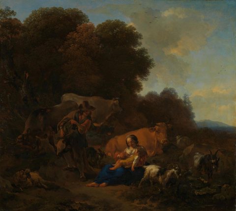 A Peasant playing a Hurdy-Gurdy to a Woman and Child