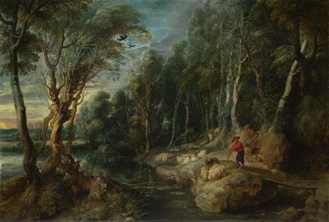 A Shepherd with his Flock in a Woody Landscape
