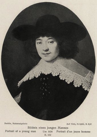 Oval portrait of a man wearing a split-sleeve jacket with flat lace collar and broad-brimmed hat