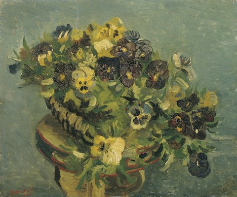 Basket of pansies on a small table