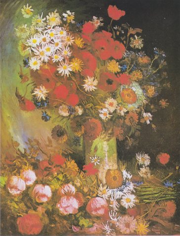 Vase mit Mohn- und Kornblumen, Pfingstrosen und Chrysanthemen