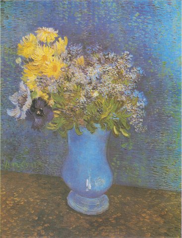 Vase mit Flieder, Margeriten und Anemonen