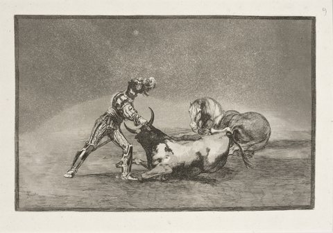 Francisco Goya y Lucientes - Um cavaleiro espanhol mata um touro após ter perdido o cavalo, da série Tauromaquia, 1815-16