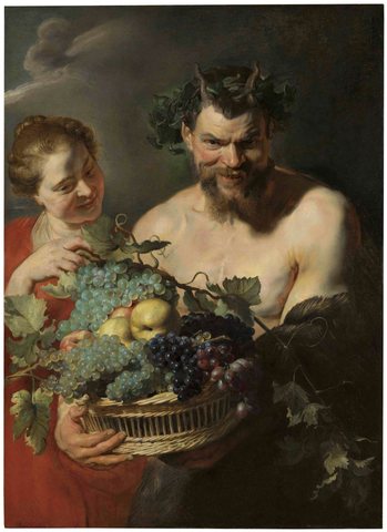 A satyr holding a basket of grapes and quinces with a nymph