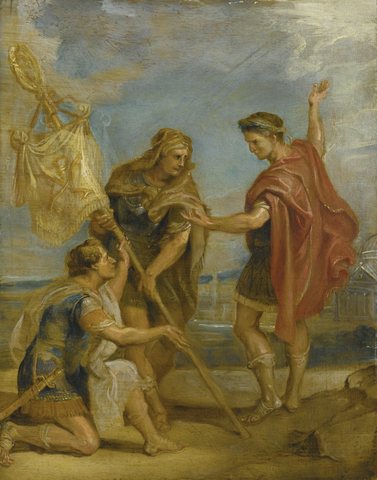 Constantine receives the standard with the monogram of Christ as the imperial sign (The Labarum)