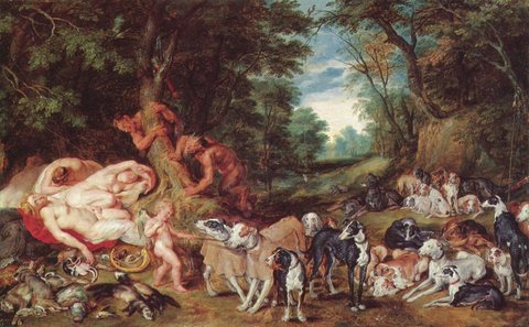 Diana at the Hunt - Diana and her nymphs asleep and spied on by satyrs