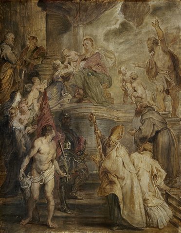 The Mystic Marriage of St Catherine (Colour Sketch for the Altar of the Church of the Augustinian Fathers in Antwerp), verso: Two Cavalry Battles