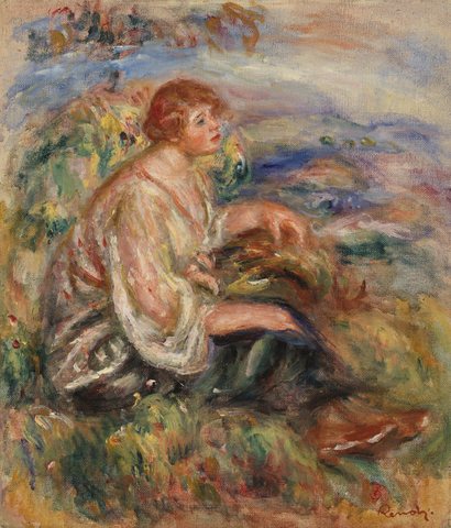 Woman in Tulle Blouse and Black Skirt (Femme en blouse de tulle et en jupe noire dans un paysage)