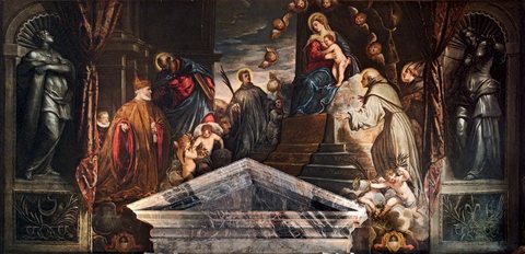 Andrea Gritti, assisted by St. Mark, before Mary and Sts. Bernardino, Luigi and Marina