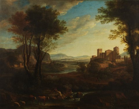 A Classical Landscape with Figures Crossing a Stream