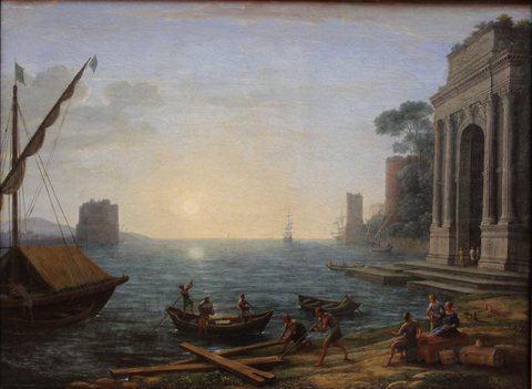 Ein Seehafen bei aufgehender Sonne