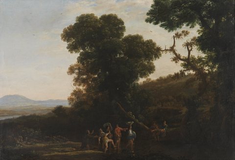 Landscape with figures wading through a stream