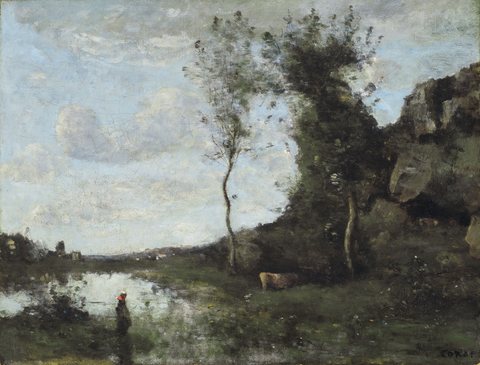 A farmer's woman and her cow at the Sea with view to a Village