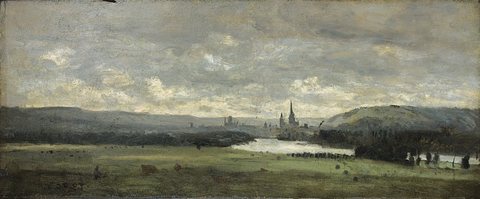 Rouen, a panoramic view with the Seine in the foreground