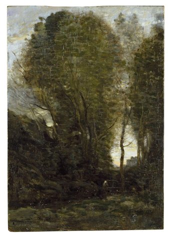 Twilight: Landscape with Tall Trees and a Female Figure