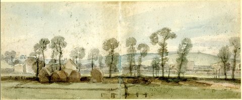 Landscape, farm buildings, haystacks and trees