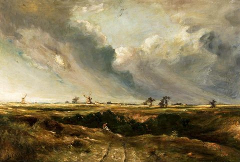 Windmills in landscape.