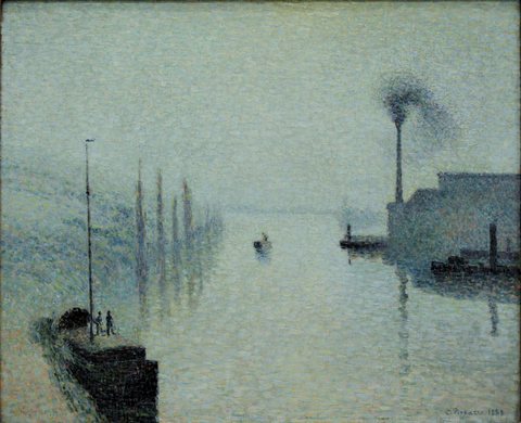 Die Seine bei Rouen, Lacroix-Insel, Nebel, von Camille Pissarro