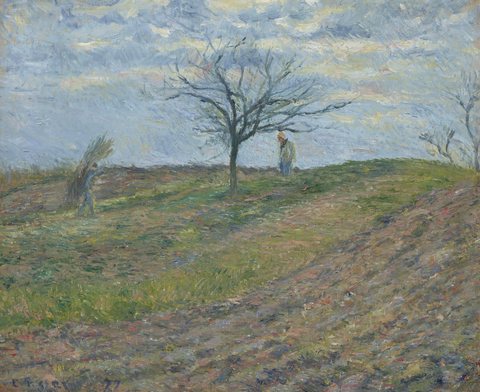 Ploughed Field in Winter with a Man Carrying a Bundle of Sticks