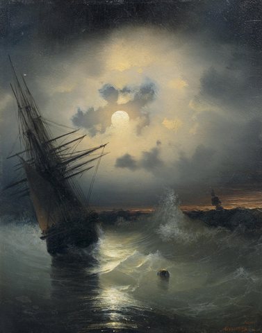 Sailing Ship on the Sea at Moonlight.