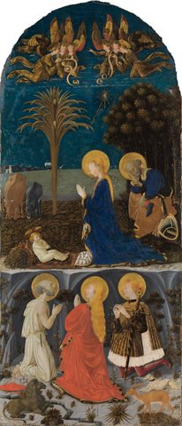 Anbetung des Kindes vor nächtlicher Landschaft mit Hieronymus, Maria Magdalena, Eustachius u Julian