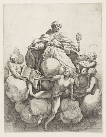 Bisschop ten hemel stijgend en omringd door vier engelen Koepeldecoraties door Correggio in de S. Giovanni Evangelista in Parma (serietitel), RP-P-OB-34.075