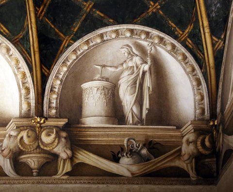 Correggio, camera di san paolo, 1518-19, lunette a monocromo 12 sacrificio con vesta