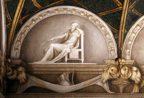 Correggio, camera di san paolo, 1518-19, lunette a monocromo 13 saturno o vertumno o filosofo