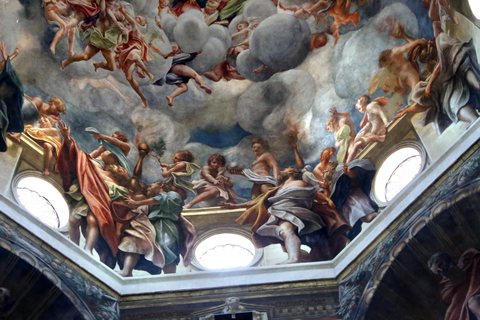 Correggio, assunzione della vergine, apostoli, patroni di parma e figure a monocromo, 1530-34, 05