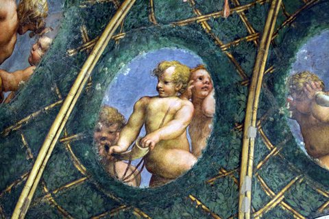 Correggio, camera di san paolo, 1518-19, putti con oggetti legati alla caccia e ad altro, 01
