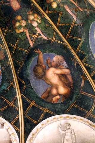 Correggio, camera di san paolo, 1518-19, putti con oggetti legati alla caccia e ad altro, 08