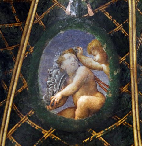 Correggio, camera di san paolo, 1518-19, putti con oggetti legati alla caccia e ad altro, 10