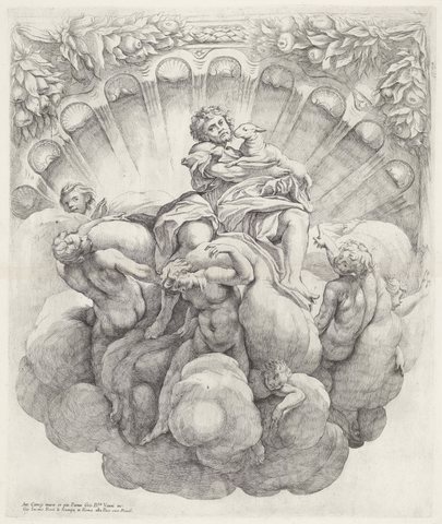 Johannes de Doper omgeven door zeven engelen Koepeldecoraties door Correggio in de S. Giovanni Evangelista in Parma (serietitel), RP-P-OB-39.234