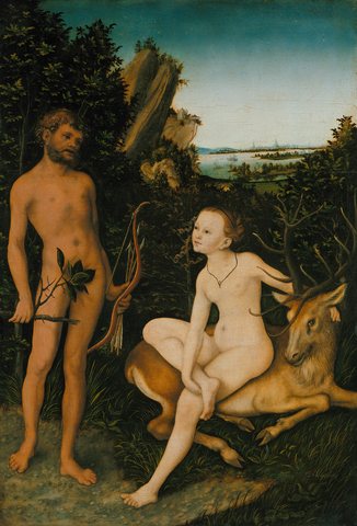 Apollo and Diana in forest landscape