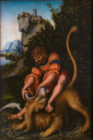 Simson fighting with a lion